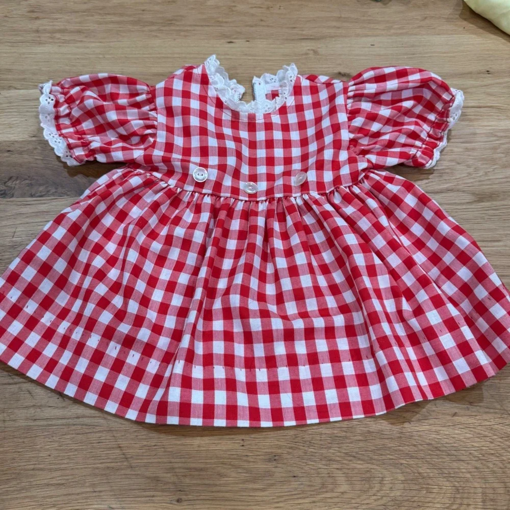 Vintage 90s Red Gingham Baby Dress w Detachable Apron Lace Trim Red White 12-18M